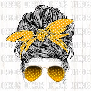 May include: A black and white illustration of a woman with a messy bun hairstyle. The bun is held in place with a yellow headband with white polka dots. The woman is wearing sunglasses with yellow lenses and white polka dots.