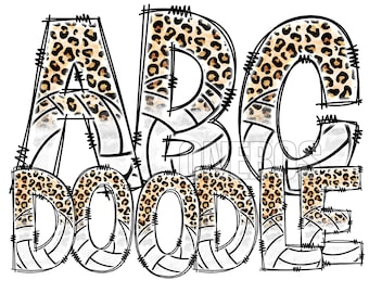 Può includere: Grafica digitale con le lettere "ABC DOODLE" in un carattere audace e delineato. Le lettere sono riempite con un motivo leopardato e disegni in stile pallavolo, con dettagli di cucitura neri. Il design è su sfondo bianco.