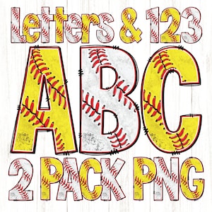 May include: A set of two digital clipart files featuring alphabet letters and numbers in a softball design. The letters are yellow with red stitching and a white background. The numbers are white with red stitching and a yellow background. The text "Letters & 123 ABC 2 Pack PNG" is included in the image.