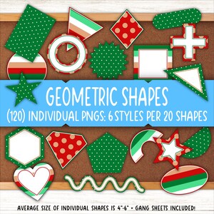 May include: A set of 120 printable geometric shapes in six different styles. The shapes are in red, green, and white with polka dots and stripes. The shapes include circles, squares, stars, hearts, and more.  "GEOMETRIC SHAPES (120) INDIVIDUAL PNGS: 6 STYLES PER 20 SHAPES AVERAGE SIZE OF INDIVIDUAL SHAPES IS 4"-6" + GANG SHEETS INCLUDED!"