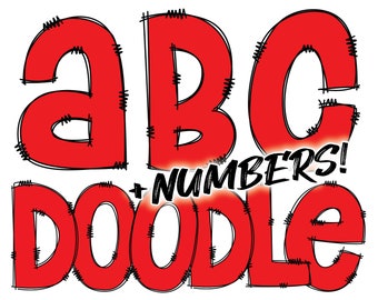 Digital Download | Doodle Red Fill | PNG Clipart Bundle Alphabet Pack | Letters and Numbers