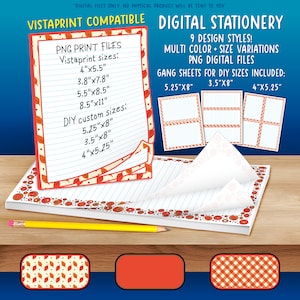 May include: Digital stationery printable design sheets for Vistaprint.  The design features a red and white gingham pattern, a red and white striped pattern, and a red and white leaf pattern.  The sheets are available in various sizes, including 4" x 5.5", 3.8" x 7.8", 5.5" x 8.5", 8.5" x 11", 5.25" x 8", 3.5" x 8", and 4" x 5.25".