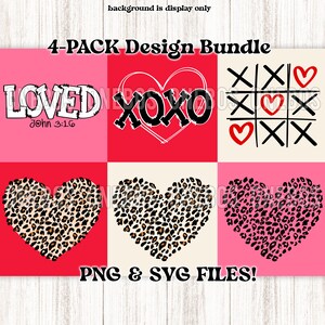 Doodle and Heart SVG Bundle, Set of 4 Valentine’s Designs, Leopard Heart Svg, LOVED John 3:16, XOXO doodle heart, Xs & Os 3 in a row