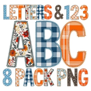 May include: A digital design featuring the words "LETTERS & 123", "ABC", and "8 PACK PNG". The letters and numbers are decorated with various patterns, including floral, plaid, and polka dots, with a stitched border.