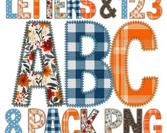 感謝祭PNGアルファベットセット、フェイク刺繍風アップリケパッチ文字、秋のアルファベットセット、フェイクファブリック、ダイヤモンドステッチ - 収穫パッチ