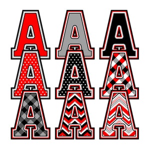 Alphabet BCBG PNG, 9 jeux de lettres, chiffres, chenille sporty athlétique, rouge noir blanc gris avec chevrons, carreaux, pois