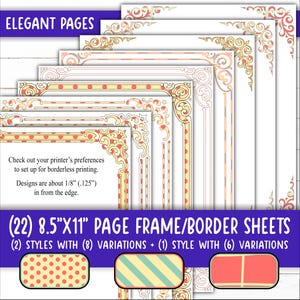 May include: Twenty-two printable 8.5 by 11 inch page frame or border sheets.  The sheets feature two styles of decorative borders with eight variations each, plus one style with six variations.  The borders are in yellow, red, and white with a polka dot, striped, and solid pattern.
