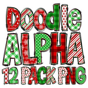 May include: Doodle Alpha 12 Pack PNG - A set of 12 Christmas-themed alphabet letters in a green and red plaid, snowflake, and polka dot pattern.