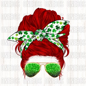 Red Head Messy Bun, White Headband Bow con Green Clover Pattern, Shamrock Print, Cool Chick, Green Glitter Sunglasses, Sublimation e DTG