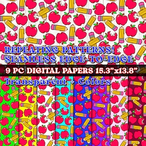 Op de afbeelding: Negen digitale papieren met een herhalend patroon van rode appels met een hap eruit en gele potloden. Het patroon is naadloos en herhaalt zich van rand tot rand. De papieren zijn 15,3 inch bij 13,8 inch.