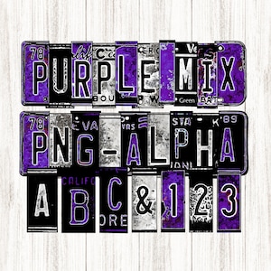 Alfabeto de matrícula púrpura y negro, mezclar letras de coincidencia, impresión de leopardo grunge, sublimación de imágenes prediseñadas, constructor de palabras, números de letras rústicas