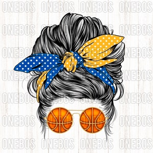 Basketball Mom PNG, Messy Bun Sports, Blauw en Geel, College High School Clipart, Bandana Bow Mom Polka Dot, Basketbal Zonnebril Print