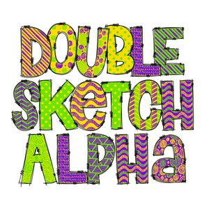 May include: A colorful graphic design with the text "Double Sketch Alpha" in a green, yellow, and purple color scheme. The letters are outlined in black and have different patterns.