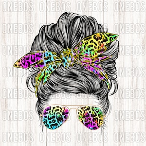 Rainbow Leopard Messy Hair PNG, Cool Chick, Hoofdband Boog en zonnebril, Handgetekende Illustratie, Sublimatie Afdrukbare Transfer