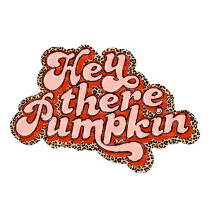 May include: A red and pink graphic with a leopard print border. The graphic says "Hey there Pumpkin" in a retro font.