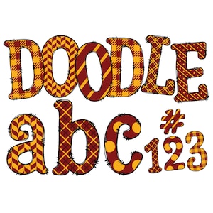Download digital | Preenchimento de padrão Doodle vermelho amarelo 1B | Pacote de alfabeto de pacote de clipart PNG | Letras e números