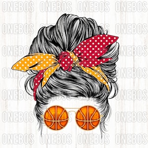 Basketball Mom PNG, Messy Bun Sports, Goud en Rood, College High School Clipart, Bandana Bow Mom Polka Dot, Basketbal Zonnebril Print