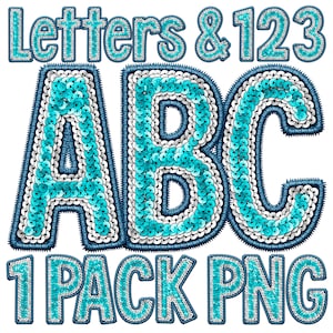 May include: A digital graphic showing the words "Letters & 123" and "ABC" in a bold, sequined font. The letters and numbers are turquoise and white, outlined in dark blue. The phrase "1 PACK PNG" is also included.
