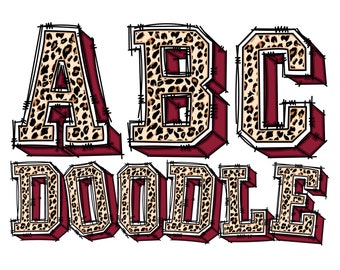 Digital Doodle | Athletic Varsity Sports College School Letters - Maroon & Leopard Pattern | PNG | Hand Drawn Alphabet Clipart Bundle
