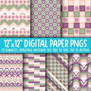 Wallpaper Hintergrund - Digitales Papier | Nahtlos | Blumen, Diamanten, Kariert, Groovy, Boho, Ruhe, Neutral, Grün, Lila, Pink WA55LL-A259