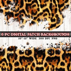 Pode incluir: Seis fundos digitais para patch com uma estampa de leopardo em aquarela com respingos de tinta branca. Os fundos têm 25 a 30 cm de largura e são arquivos PNG de 300 DPI.