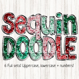 Doodle Alphabet PNG Bundle, 6 conjuntos em lantejoulas retrô de Natal, rosa, verde, vermelho, mix n match, alegre, sublimação, impressão