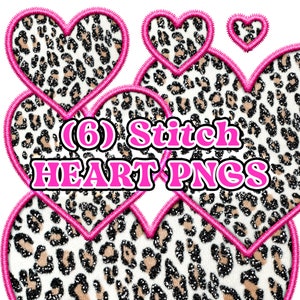 Pode incluir: Seis corações de ponto rosa com um padrão de leopardo. O texto (6) Stitch HEART PNGS está no centro da imagem.