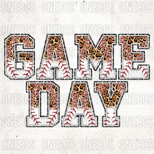 GAME DAY Diseño Digital, Clipart Image Graphic, Game Day Letters with Leopard and Baseball Pattern, Sports Mom Grunge Background Vintage