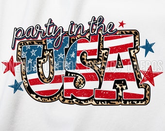 Party in the USA PNG, Patriotic Leopard Png for Sublimation, DTG, Waterslide, Cute American Flag Fill Bubble Letters Vintage, Stars Stripes