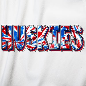 Huskies, Mascotte Téléchargement numérique PNG, Tie-dye Rouge Blanc & Bleu, Conception de l’esprit de l’école pour la sublimation, Transfert de clipart imprimable