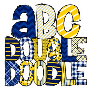 Doodle alfabet in marineblauw, geel goud, 2 sets letters met afwisselende patronen, Mix Match, Preppy, Polkadot geruite streep, dubbele set