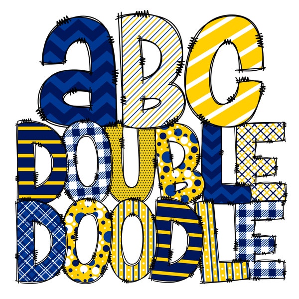 Doodle Alphabet in Navy Blue, Yellow Gold, 2 Sets of Letters with Alternating Patterns, Mix Match, Preppy, Polkadot Plaid Stripe, Double Set