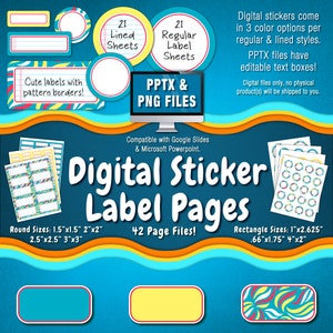 Puede incluir: Páginas de etiquetas digitales para Google Slides y Microsoft PowerPoint. La imagen muestra 42 archivos de páginas con varios tamaños de etiquetas redondas y rectangulares. Las etiquetas tienen patrones y bordes coloridos. El texto en la imagen dice "Cute labels with pattern borders!" y "Digital Sticker Label Pages".
