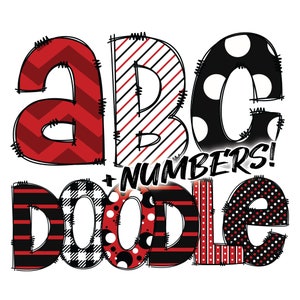 Descarga digital / Doodle Red Black White Pattern Fill / PNG Clipart Bundle Alphabet Pack / Letras y números