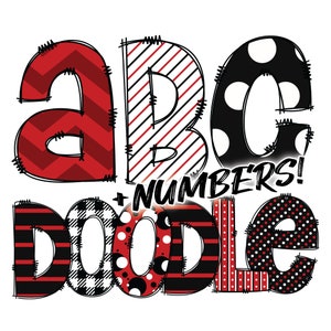 Digital Download | Doodle Red Black White Pattern Fill | PNG Clipart Bundle Alphabet Pack | Letters and Numbers