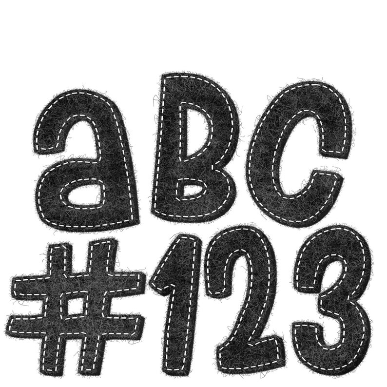 May include: Black felt letters and numbers with white stitching. The letters are A, B, and C. The numbers are 1, 2, and 3. The letters and numbers are in a fuzzy, textured style.