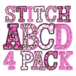 Pacote de alfabeto PNG de bordado falso rosa, download digital, conjuntos de letras de ponto de aplique, leopardo rosa, xadrez rosa, glitter, lantejoulas
