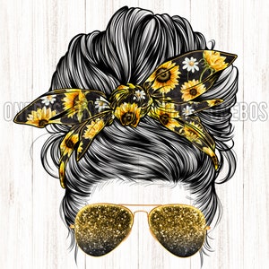 Floral Messy Bun PNG, Mom Bun met zonnebloem bloemenprint in de hoofdband, glittergouden zonnebril, sublimatie bestand print