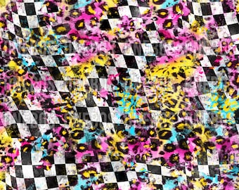 Checker Leopard Digitaal Papier PNG, 12 x 12 Vierkante Achtergrond Digitale Download Racing Theme met Checker Print en Rainbow Leopard Patches