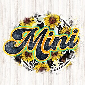 Digitale Mini PNG Kuh Sonnenblume Print | Retro Buchstaben Aquarell Textur | Cooles Grunge Circle Sublimation Design | Printable Transfer