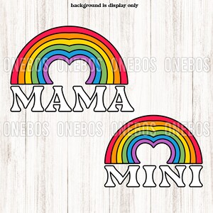 Rainbow Valentine SVG PNG, Cute Mama e mini pack, vintage retrô com arco de arco-íris em forma de coração, arquivo cortado, download digital, uso comercial