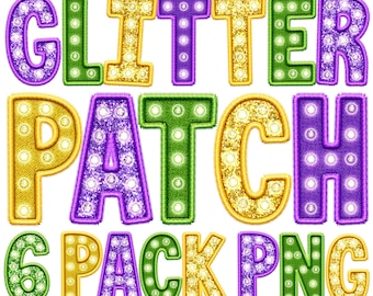 グリッターパッチPNGアルファベット、6パックバンドル、フェイク刺繍アルファベット、スパークルグリッターマーキーライトアップ文字、マルディグラアルファベット、クラシック