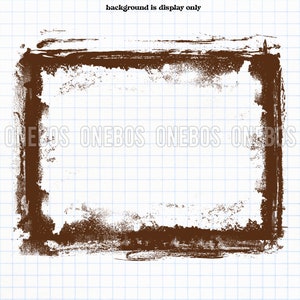 May include: A brown grunge frame with a rough, textured edge. The frame is isolated on a white background with a grid pattern.