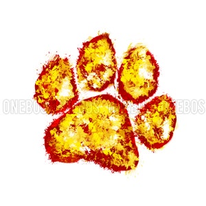 Puede incluir: Una huella de pata roja y dorada con un efecto de pintura salpicada.