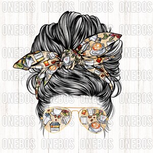 Caffè Stampa Messy Mom Bun, Floreale Caffè Tazza Modello Riempimento, Bandana Bow Head Clipart, Boho Acquerello, Sublimazione Design Clipart PNG
