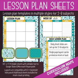 Lesson Plan Sheets & Curriculum Maps (Editable) | Teacher Planner Inserts | Spring Floral, Teal, Sweet, PolkaDot, Bright, Leaf, LE55ON-A200