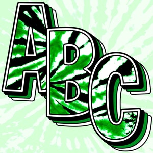 TieDye Alphabet PNG, Zielone Czarne Białe Litery, Bańka Gruba Kreskówka 3D Cień Wielkie Litery Małe Litery Liczba Sublimacja Cyfrowe Słowo Zjeżdżalnia Wodna