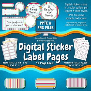 Puede incluir: Páginas de etiquetas adhesivas digitales en formatos PPTX y PNG. La imagen muestra 42 páginas de etiquetas en varios tamaños y estilos, incluyendo etiquetas redondas, rectangulares y con líneas. Las etiquetas están disponibles en tres opciones de color: rojo, amarillo y verde. Las etiquetas son compatibles con Google Slides y Microsoft PowerPoint.