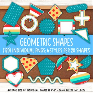 May include: A corkboard with 20 different geometric shapes in 6 styles. The shapes are in red, yellow, blue, and white with polka dots. The text on the corkboard reads "Geometric Shapes (120) Individual PNGs: 6 Styles Per 20 Shapes".