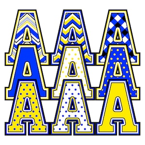 Preppy alfabet png-bundel, 9 sets letters, cijfers, cheer block sportief atletisch, koningsblauw geel, chevron, plaid, polkadot, mascotte